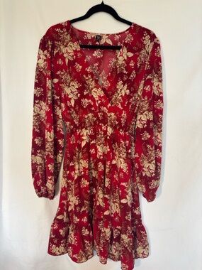 SHEIN Red Floral Wrap Dress with Long Sleeves